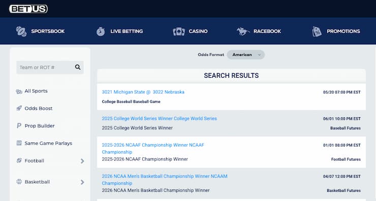 An image of the NE sports betting odds at BetUS